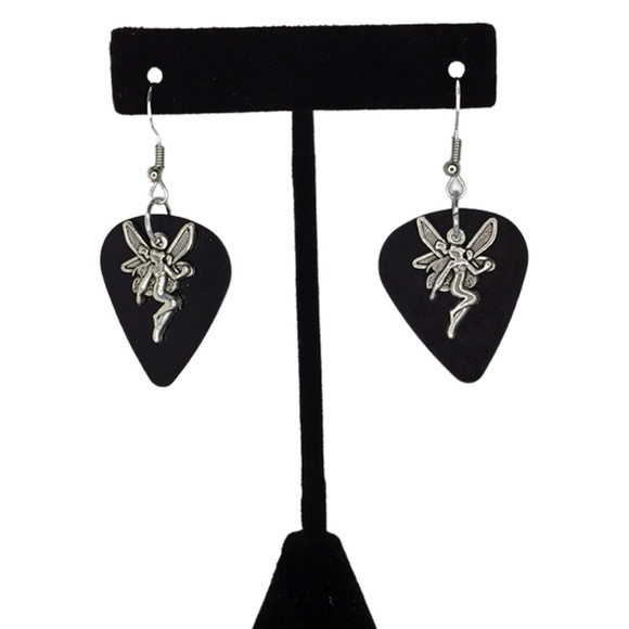HAND Crafted Drop Earrings Recycled Guitar Pick with Fairy Angel Charm - Picture 4 of 7